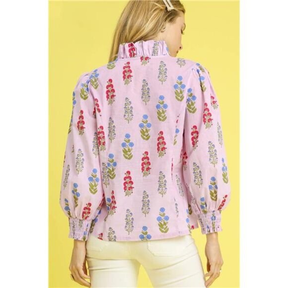 Umgee Floral Print Lantern Sleeve Button Down Shirt - Picture 3 of 4